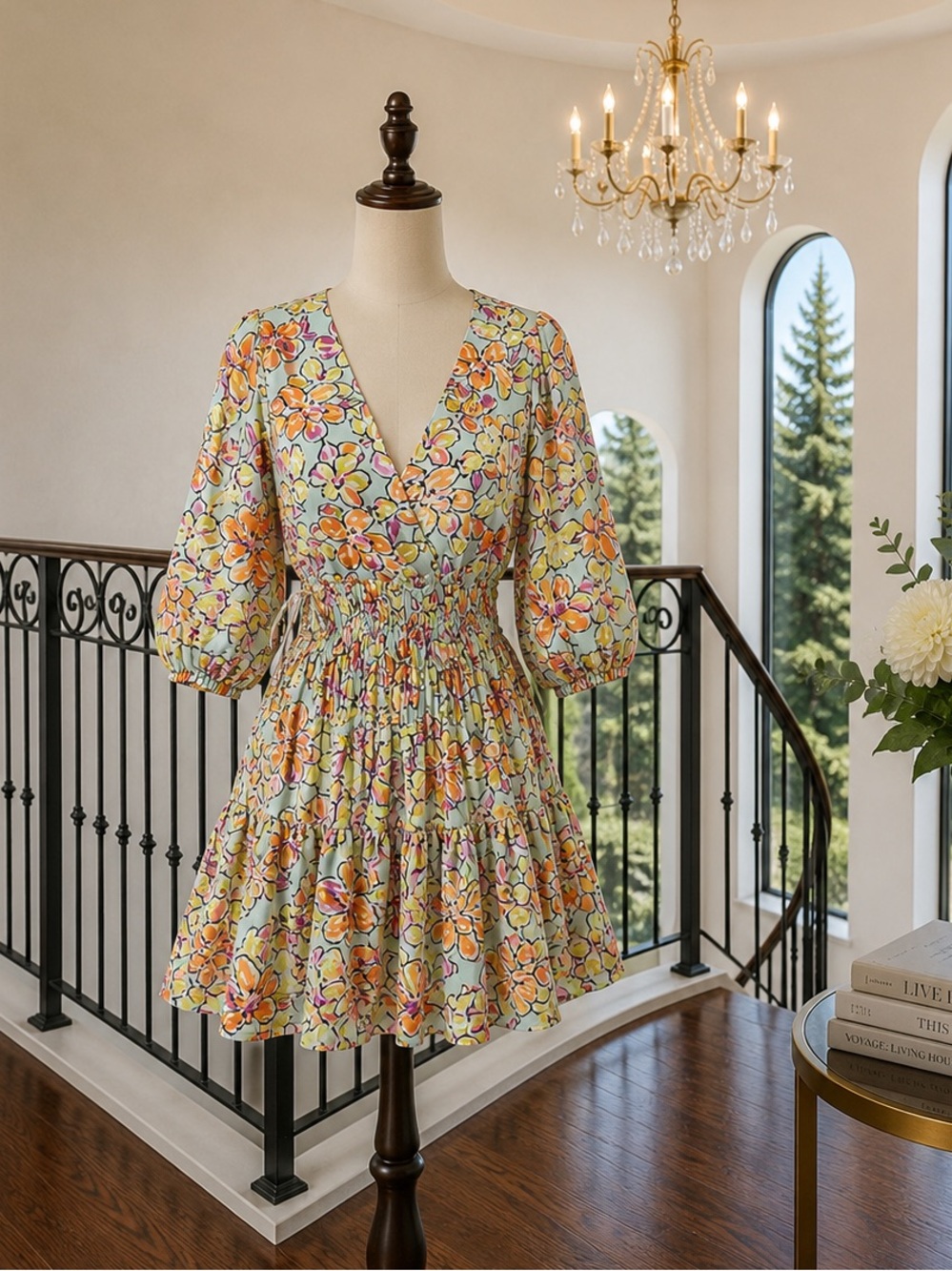 Maje Floral V-Neck Tiered Mini Dress in Yellow, Orange, Green